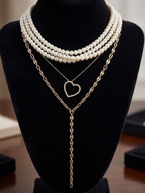 3-in-1 Layered Necklace Set | Ivory Pearls, Gold Heart Pendant Choker, Y Lariat